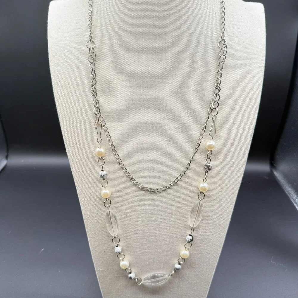 Silver Tone Faux Pearl Clear Bead Long Layering Necklace Y2K Boho Statement